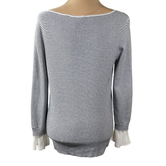 Loft Striped Women's Sweater Ruffle Cuff Boat Neck Black Cream Size M Medium - Picture 3 of 6